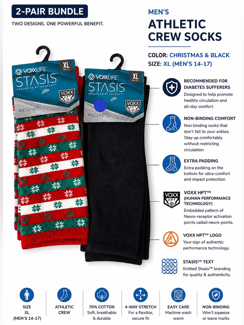 VoxxLife Stasis HPT Wellness Socks Non-binding Diabetic 2 pairs black red NWT XL
